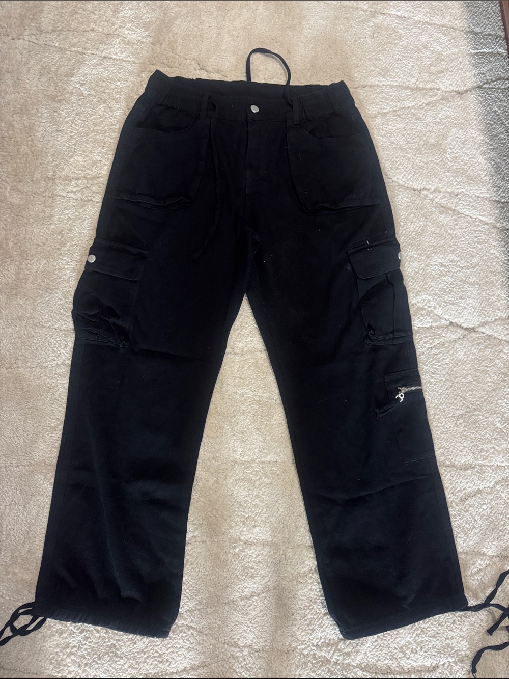 Black Women's Cargo Drawstring Pants with Utility Pockets